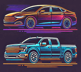 Colorful vector illustration of a sedan and a pickup truck, showcasing sleek lines and modern design elements. Auto upholstery services in Pensacola.