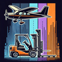 Illustration of an airplane flying above a forklift, with colorful vertical bars in the background, showcasing commercial vehicle upholstery in Pensacola, FL.