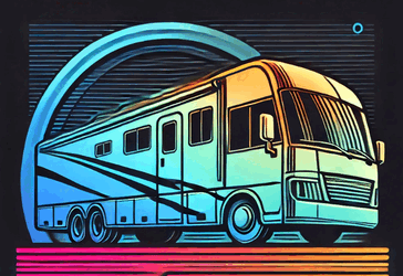 Vibrant illustration of a sleek RV with a rainbow gradient background, showcasing the potential for RV upholstery in Pensacola, Fl.